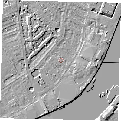 Shaded relief map of the ground around SW62RY, computed from Environment Agency LiDAR. The ground here sits at about 4 m above sea level and falls 9 m across the surrounding 800 m. Surface water reaching this point runs off ground lying to the east, 3.7 m higher.