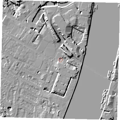 Shaded relief map of the ground around SW62SB, computed from Environment Agency LiDAR. The ground here sits at about 5 m above sea level and falls 13 m across the surrounding 800 m. Surface water reaching this point runs off ground lying to the east-north-east, 6.9 m higher.
