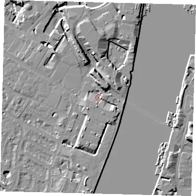 Shaded relief map of the ground around SW62SD, computed from Environment Agency LiDAR. The ground here sits at about 4 m above sea level and falls 12 m across the surrounding 800 m. Surface water reaching this point runs off ground lying to the north-east, 6.8 m higher.