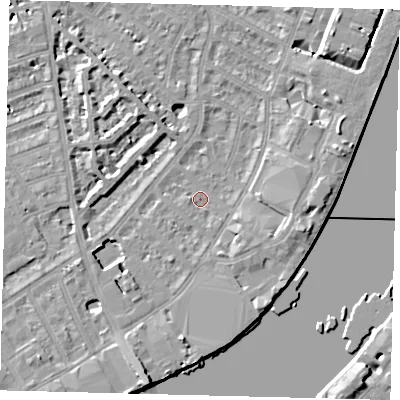 Shaded relief map of the ground around SW62SF, computed from Environment Agency LiDAR. The ground here sits at about 4 m above sea level and falls 9 m across the surrounding 800 m. Surface water reaching this point runs off ground lying to the east-south-east, 3.7 m higher.
