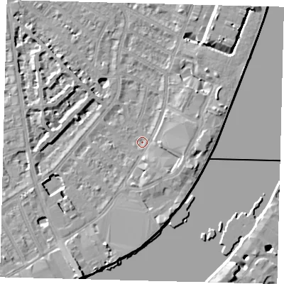 Shaded relief map of the ground around SW62SG, computed from Environment Agency LiDAR. The ground here sits at about 3 m above sea level and falls 9 m across the surrounding 800 m. Surface water reaching this point runs off ground lying to the east-south-east, 3.6 m higher.