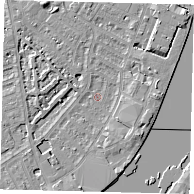 Shaded relief map of the ground around SW62SH, computed from Environment Agency LiDAR. The ground here sits at about 3 m above sea level and falls 8 m across the surrounding 800 m. Surface water reaching this point runs off ground lying to the south-east, 6.2 m higher.