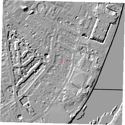 Shaded relief map of the ground around SW62SJ, computed from Environment Agency LiDAR. The ground here sits at about 3 m above sea level and falls 8 m across the surrounding 800 m. Surface water reaching this point runs off ground lying to the south-east, 6.2 m higher.
