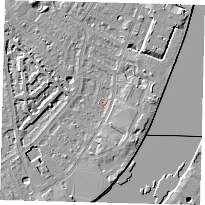 Shaded relief map of the ground around SW62SL, computed from Environment Agency LiDAR. The ground here sits at about 3 m above sea level and falls 8 m across the surrounding 800 m. Surface water reaching this point runs off ground lying to the south-east, 4.6 m higher.