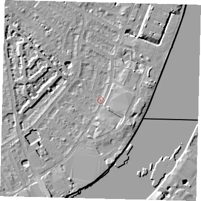 Shaded relief map of the ground around SW62SP, computed from Environment Agency LiDAR. The ground here sits at about 4 m above sea level and falls 8 m across the surrounding 800 m. Surface water reaching this point runs off ground lying to the south-east, 3.6 m higher.