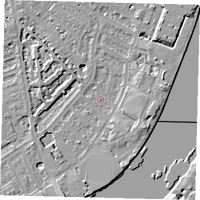 Shaded relief map of the ground around SW62SQ, computed from Environment Agency LiDAR. The ground here sits at about 4 m above sea level and falls 8 m across the surrounding 800 m. Surface water reaching this point runs off ground lying to the east-south-east, 4.6 m higher.