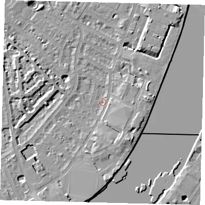 Shaded relief map of the ground around SW62SR, computed from Environment Agency LiDAR. The ground here sits at about 3 m above sea level and falls 8 m across the surrounding 800 m. Surface water reaching this point runs off ground lying to the south-south-east, 3.8 m higher.