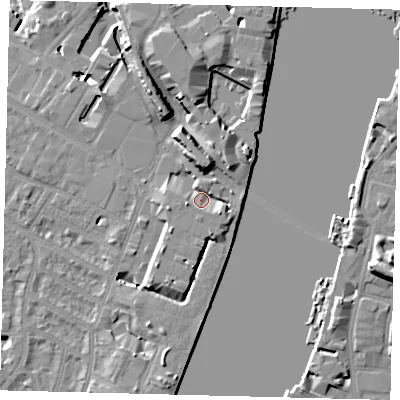 Shaded relief map of the ground around SW62SS, computed from Environment Agency LiDAR. The ground here sits at about 6 m above sea level and falls 12 m across the surrounding 800 m. Surface water reaching this point runs off ground lying to the north-north-east, 6.7 m higher.