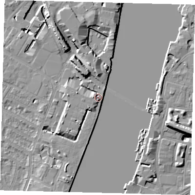 Shaded relief map of the ground around SW62SU, computed from Environment Agency LiDAR. The ground here sits at about 6 m above sea level and falls 11 m across the surrounding 800 m. Surface water reaching this point runs off ground lying to the south-south-west, 4.0 m higher.