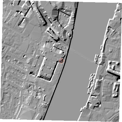 Shaded relief map of the ground around SW62SW, computed from Environment Agency LiDAR. The ground here sits at about 7 m above sea level and falls 11 m across the surrounding 800 m. Surface water reaching this point runs off ground lying to the north-west, 4.2 m higher.