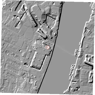 Shaded relief map of the ground around SW62SX, computed from Environment Agency LiDAR. The ground here sits at about 6 m above sea level and falls 11 m across the surrounding 800 m. Surface water reaching this point runs off ground lying to the north, 6.7 m higher.