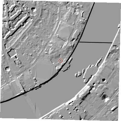 Shaded relief map of the ground around SW62SY, computed from Environment Agency LiDAR. The ground here sits at about 5 m above sea level and falls 9 m across the surrounding 800 m. Surface water reaching this point runs off ground lying to the north-north-east, 2.4 m higher.
