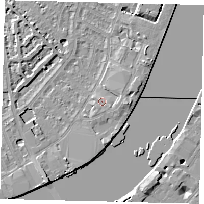 Shaded relief map of the ground around SW62SZ, computed from Environment Agency LiDAR. The ground here sits at about 6 m above sea level and falls 9 m across the surrounding 800 m. Surface water reaching this point runs off ground lying to the east-south-east, 1.2 m higher.