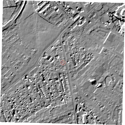 Shaded relief map of the ground around SW62TH, computed from Environment Agency LiDAR. The ground here sits at about 4 m above sea level and falls 13 m across the surrounding 800 m. Surface water reaching this point runs off ground lying to the south-south-west, 4.3 m higher.