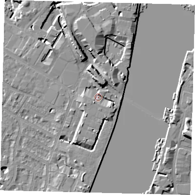 Shaded relief map of the ground around SW62TL, computed from Environment Agency LiDAR. The ground here sits at about 5 m above sea level and falls 12 m across the surrounding 800 m. Surface water reaching this point runs off ground lying to the north-north-east, 6.7 m higher.