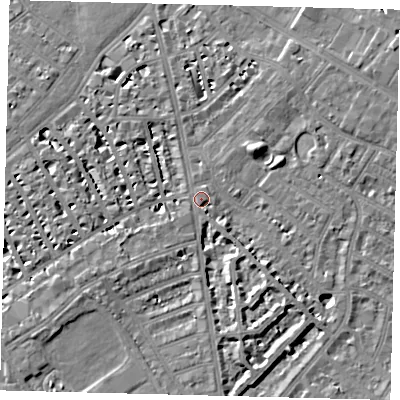 Shaded relief map of the ground around SW62TS, computed from Environment Agency LiDAR. The ground here sits at about 4 m above sea level and falls 7 m across the surrounding 800 m. Surface water reaching this point runs off ground lying to the north-east, 6.8 m higher.