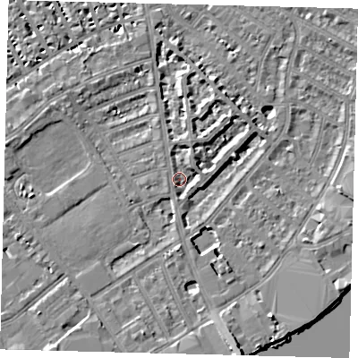 Shaded relief map of the ground around SW62TU, computed from Environment Agency LiDAR. The ground here sits at about 4 m above sea level and falls 9 m across the surrounding 800 m. Surface water reaching this point runs off ground lying to the north-north-east, 3.5 m higher.