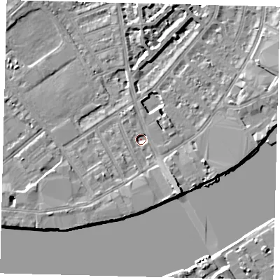 Shaded relief map of the ground around SW62TZ, computed from Environment Agency LiDAR. The ground here sits at about 2 m above sea level and falls 8 m across the surrounding 800 m. Surface water reaching this point runs off ground lying to the south-east, 6.7 m higher.