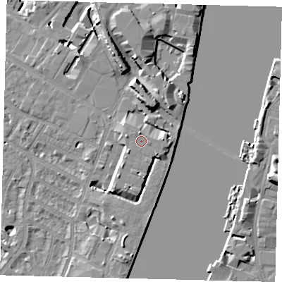 Shaded relief map of the ground around SW62UB, computed from Environment Agency LiDAR. The ground here sits at about 7 m above sea level and falls 11 m across the surrounding 800 m. Surface water reaching this point runs off ground lying to the north-north-west, 1.3 m higher.