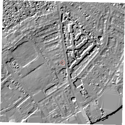 Shaded relief map of the ground around SW62UD, computed from Environment Agency LiDAR. The ground here sits at about 4 m above sea level and falls 9 m across the surrounding 800 m. Surface water reaching this point runs off ground lying to the north-north-east, 5.0 m higher.
