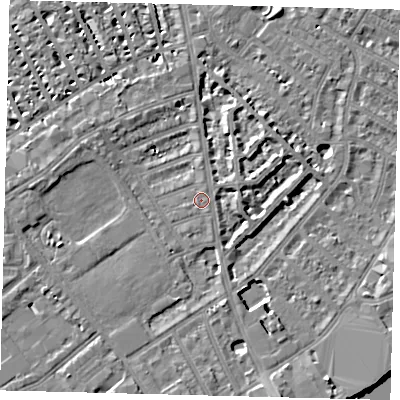 Shaded relief map of the ground around SW62UE, computed from Environment Agency LiDAR. The ground here sits at about 4 m above sea level and falls 7 m across the surrounding 800 m. The ground contributing surface water to this point lies to the east-south-east.