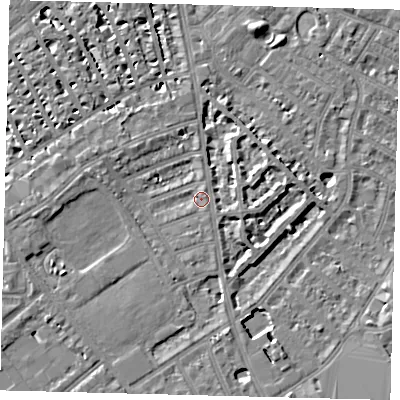 Shaded relief map of the ground around SW62UF, computed from Environment Agency LiDAR. The ground here sits at about 4 m above sea level and falls 7 m across the surrounding 800 m. Surface water reaching this point runs off ground lying to the east-north-east, 5.0 m higher.