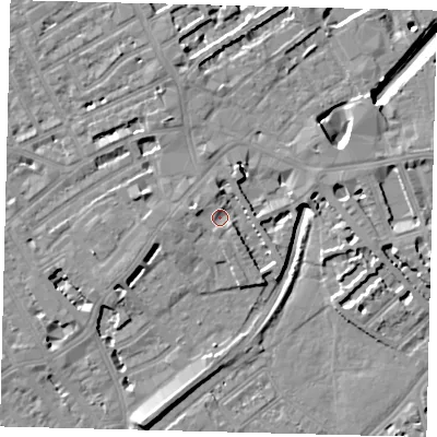 Shaded relief map of the ground around SW62UJ, computed from Environment Agency LiDAR. The ground here sits at about 4 m above sea level and falls 10 m across the surrounding 800 m. Surface water reaching this point runs off ground lying to the west-north-west, 3.7 m higher.