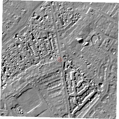 Shaded relief map of the ground around SW62UL, computed from Environment Agency LiDAR. The ground here sits at about 4 m above sea level and falls 7 m across the surrounding 800 m. Surface water reaching this point runs off ground lying to the west, 0.8 m higher.