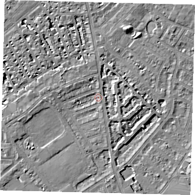 Shaded relief map of the ground around SW62UQ, computed from Environment Agency LiDAR. The ground here sits at about 4 m above sea level and falls 7 m across the surrounding 800 m. Surface water reaching this point runs off ground lying to the east, 5.0 m higher.