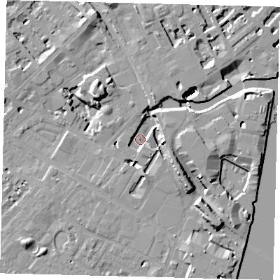 Shaded relief map of the ground around SW62WH, computed from Environment Agency LiDAR. The ground here sits at about 2 m above sea level and falls 48 m across the surrounding 800 m. Surface water reaching this point runs off ground lying to the east, 9.2 m higher.