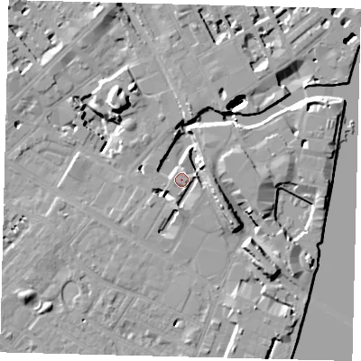Shaded relief map of the ground around SW62XH, computed from Environment Agency LiDAR. The ground here sits at about 5 m above sea level and falls 48 m across the surrounding 800 m. Surface water reaching this point runs off ground lying to the south, 3.8 m higher.