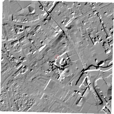 Shaded relief map of the ground around SW62YA, computed from Environment Agency LiDAR. The ground here sits at about 4 m above sea level and falls 21 m across the surrounding 800 m. Surface water reaching this point runs off ground lying to the east-south-east, 8.5 m higher.
