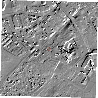 Shaded relief map of the ground around SW62YB, computed from Environment Agency LiDAR. The ground here sits at about 4 m above sea level and falls 13 m across the surrounding 800 m. Surface water reaching this point runs off ground lying to the north, 1.4 m higher.