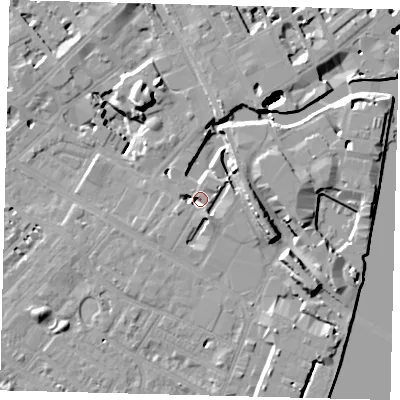 Shaded relief map of the ground around SW62YE, computed from Environment Agency LiDAR. The ground here sits at about 5 m above sea level and falls 48 m across the surrounding 800 m. Surface water reaching this point runs off ground lying to the south-south-east, 2.6 m higher.
