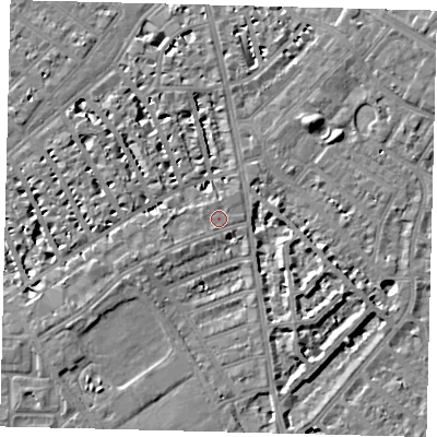 Shaded relief map of the ground around SW63AB, computed from Environment Agency LiDAR. The ground here sits at about 4 m above sea level and falls 7 m across the surrounding 800 m. Surface water reaching this point runs off ground lying to the west-south-west, 1.2 m higher.