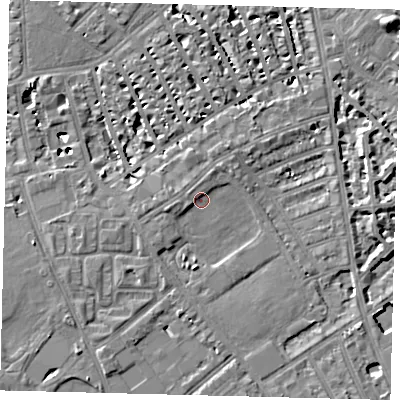 Shaded relief map of the ground around SW63AF, computed from Environment Agency LiDAR. The ground here sits at about 4 m above sea level and falls 8 m across the surrounding 800 m. Surface water reaching this point runs off ground lying to the west, 3.1 m higher.