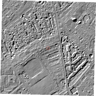 Shaded relief map of the ground around SW63AH, computed from Environment Agency LiDAR. The ground here sits at about 5 m above sea level and falls 7 m across the surrounding 800 m. Surface water reaching this point runs off ground lying to the west, 2.1 m higher.