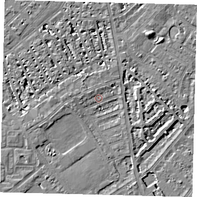 Shaded relief map of the ground around SW63AJ, computed from Environment Agency LiDAR. The ground here sits at about 4 m above sea level and falls 7 m across the surrounding 800 m. Surface water reaching this point runs off ground lying to the west-south-west, 2.1 m higher.