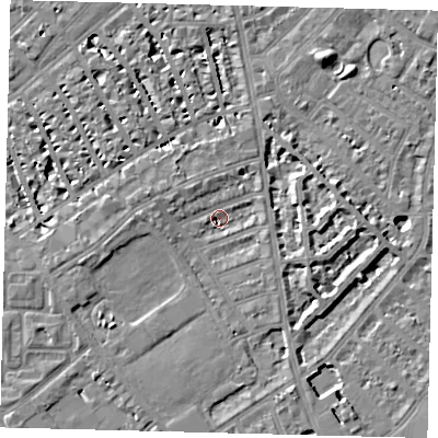 Shaded relief map of the ground around SW63AL, computed from Environment Agency LiDAR. The ground here sits at about 3 m above sea level and falls 7 m across the surrounding 800 m. Surface water reaching this point runs off ground lying to the west-south-west, 4.7 m higher.