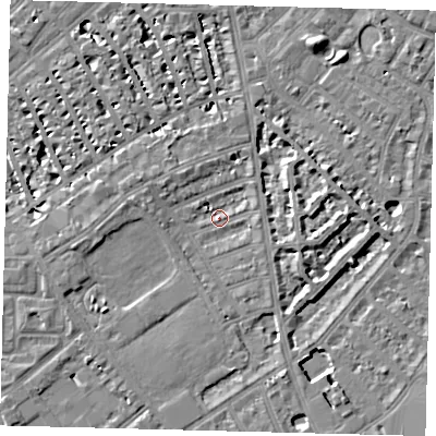 Shaded relief map of the ground around SW63AN, computed from Environment Agency LiDAR. The ground here sits at about 3 m above sea level and falls 7 m across the surrounding 800 m. Surface water reaching this point runs off ground lying to the west, 4.7 m higher.