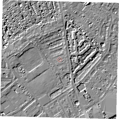Shaded relief map of the ground around SW63AP, computed from Environment Agency LiDAR. The ground here sits at about 4 m above sea level and falls 7 m across the surrounding 800 m. Surface water reaching this point runs off ground lying to the north-east, 5.0 m higher.