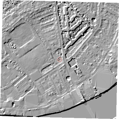 Shaded relief map of the ground around SW63AQ, computed from Environment Agency LiDAR. The ground here sits at about 3 m above sea level and falls 9 m across the surrounding 800 m. Surface water reaching this point runs off ground lying to the south-south-east, 7.0 m higher.