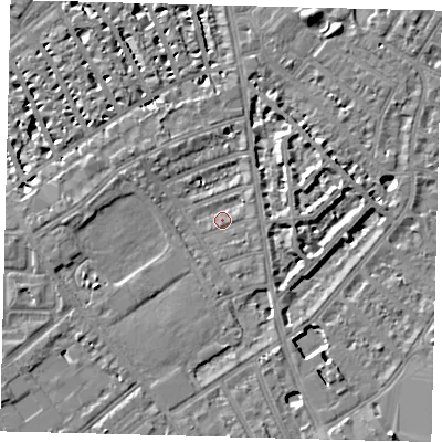 Shaded relief map of the ground around SW63AR, computed from Environment Agency LiDAR. The ground here sits at about 4 m above sea level and falls 7 m across the surrounding 800 m. Surface water reaching this point runs off ground lying to the east-north-east, 5.0 m higher.