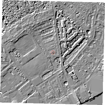 Shaded relief map of the ground around SW63AS, computed from Environment Agency LiDAR. The ground here sits at about 4 m above sea level and falls 9 m across the surrounding 800 m. Surface water reaching this point runs off ground lying to the south-south-east, 6.6 m higher.