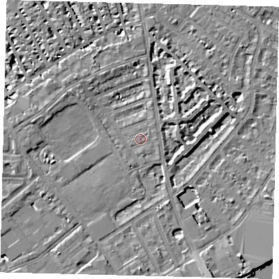 Shaded relief map of the ground around SW63AT, computed from Environment Agency LiDAR. The ground here sits at about 4 m above sea level and falls 8 m across the surrounding 800 m. Surface water reaching this point runs off ground lying to the north-east, 5.0 m higher.