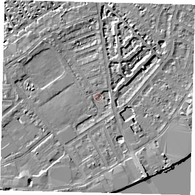 Shaded relief map of the ground around SW63AU, computed from Environment Agency LiDAR. The ground here sits at about 4 m above sea level and falls 9 m across the surrounding 800 m. Surface water reaching this point runs off ground lying to the south-south-east, 7.4 m higher.