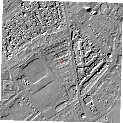 Shaded relief map of the ground around SW63AW, computed from Environment Agency LiDAR. The ground here sits at about 3 m above sea level and falls 7 m across the surrounding 800 m. Surface water reaching this point runs off ground lying to the west, 2.7 m higher.