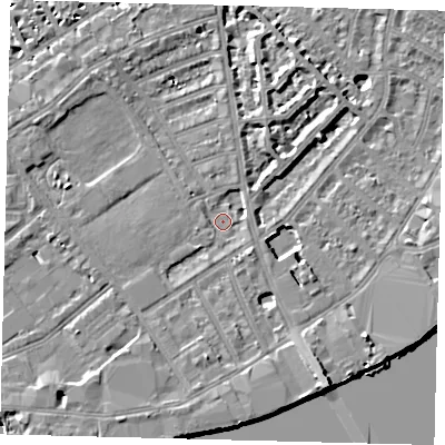 Shaded relief map of the ground around SW63AY, computed from Environment Agency LiDAR. The ground here sits at about 4 m above sea level and falls 9 m across the surrounding 800 m. Surface water reaching this point runs off ground lying to the south-south-east, 7.0 m higher.