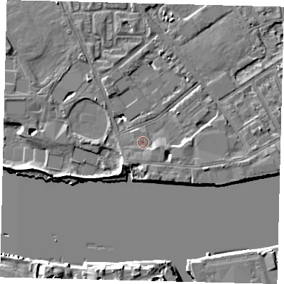 Shaded relief map of the ground around SW63BH, computed from Environment Agency LiDAR. The ground here sits at about 5 m above sea level and falls 13 m across the surrounding 800 m. Surface water reaching this point runs off ground lying to the south-east, 0.8 m higher.