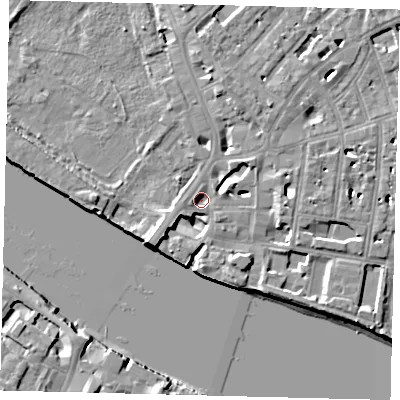 Shaded relief map of the ground around SW63BQ, computed from Environment Agency LiDAR. The ground here sits at about 3 m above sea level and falls 10 m across the surrounding 800 m. Surface water reaching this point runs off ground lying to the south-west, 9.3 m higher.